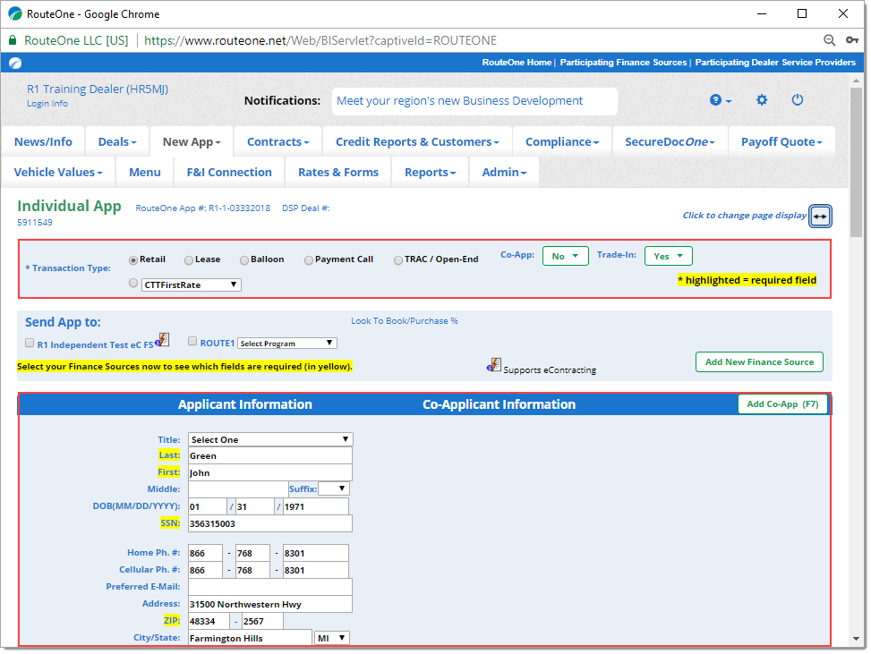 The Individual App page with a box highlighting the Transaction Type section and a box highlighting the Applicant Information section.