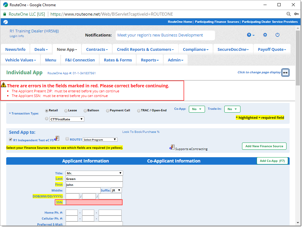 The Individual App page with a red error message highlighted by a box and a box highlighting the field with missing information.