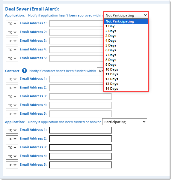 The ‘Deal Saver (Email Alert)’ section with the ‘Notify if application hasn’t been approved within’ drop-down menu expanded and highlighted by a box.