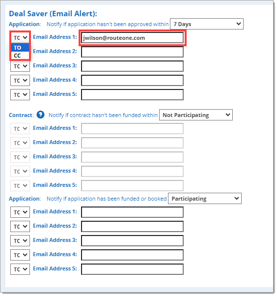 The ‘Deal Saver (Email Alert)’ section with the drop-down menu to the left of the ‘Email Address 1’ field expanded and highlighted by a box and the ‘Email Address 1’ field highlighted by a box.