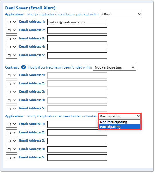 The ‘Deal Saver (Email Alert)’ section with the ‘Notify if application has been funded or booked’ drop-down menu expanded and highlighted by a box.