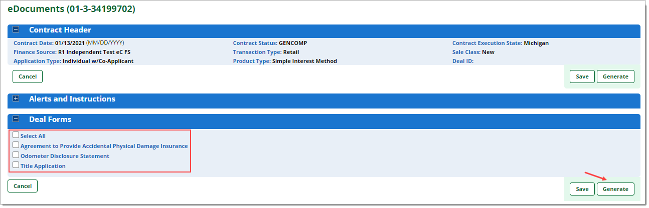Box around selectable Deal Forms. Arrow pointing to ‘Generate’ button. 