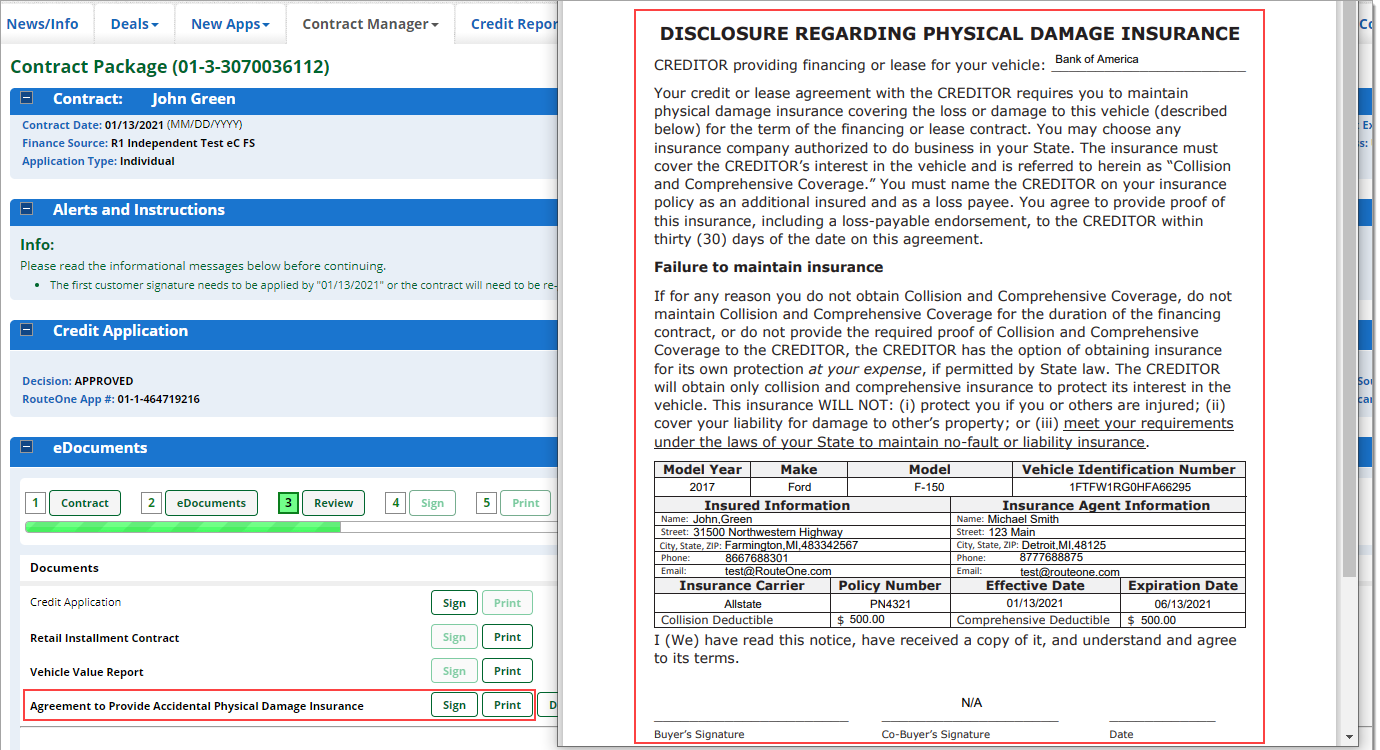 Box around ‘Agreement to Provide Accidental Physical Damage Insurance’ document, showing ‘Sign’ button and ‘Print’ button. Box around eDocument displayed on screen. 