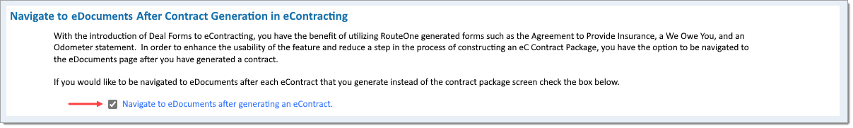 Arrow pointing to selected checkbox for ‘Navigate to eDocuments after generating an eContract.’