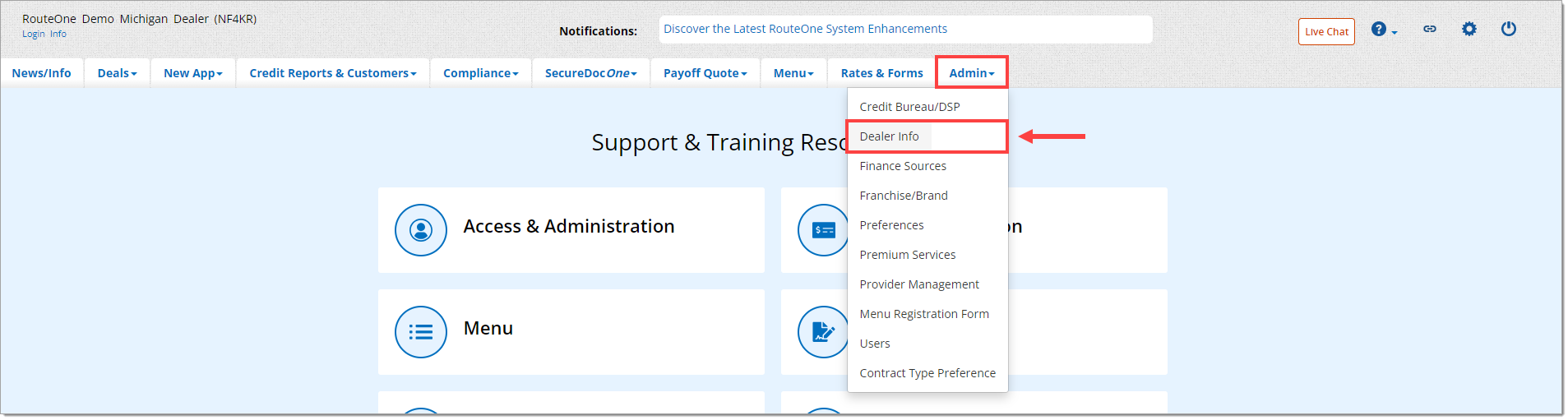 The top menu of the RouteOne system with the ‘Admin’ drop-down expanded and highlighted by a box, and the ‘Dealer Info’ option highlighted by a box with an arrow pointing to it.