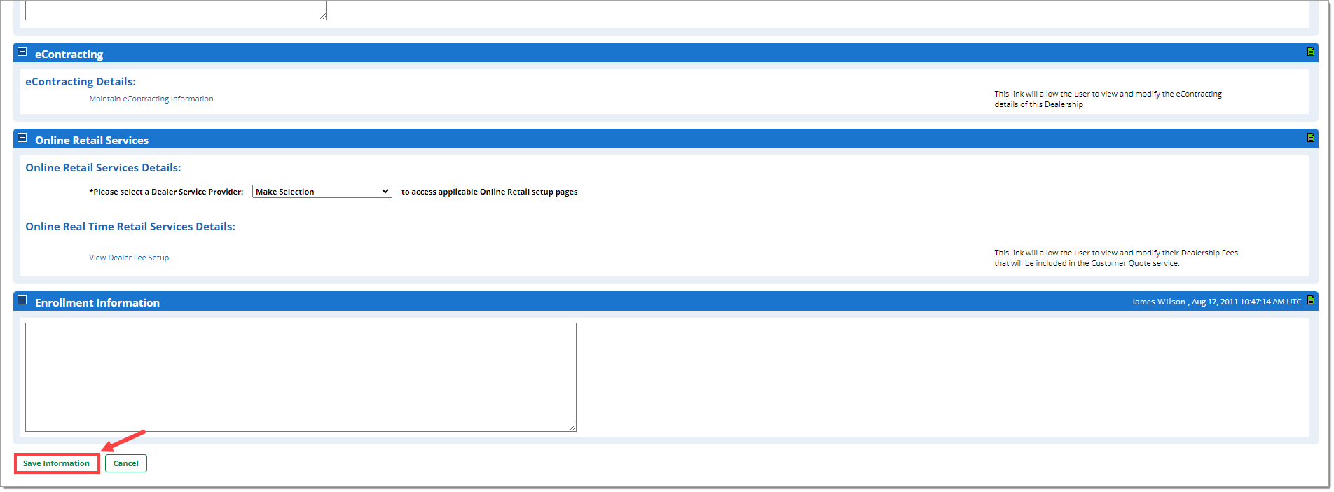 The bottom of the ‘Dealer Information’ page with a box highlighting and arrow pointing to the ‘Save Information’ button.