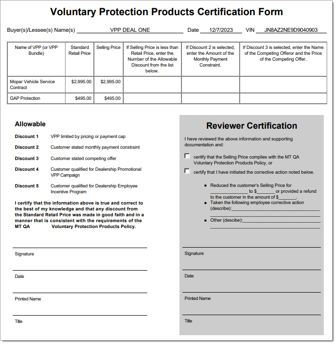 The Voluntary Protection Product Certification Form (VPP) with some fields pre-populated.