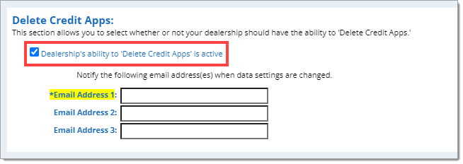 The ‘Delete Credit Apps’ section with a box highlighting the ‘Dealership’s ability to ‘Delete Credit Apps’ is active’ checkbox.