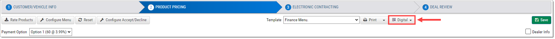 A cropped view of top of the Deal Wizard page with a box highlighting and arrow pointing to the ‘Digital’ button.