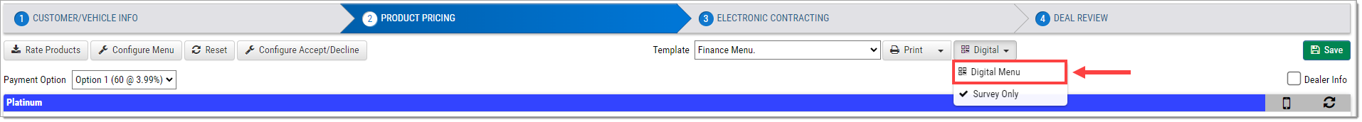 A cropped view of top of the Deal Wizard page with the ‘Digital’ drop-down expanded, and a box highlighting the ‘Digital Menu’ option in the drop-down.