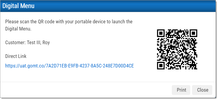 The Digital Menu pop-up, with a QR code.