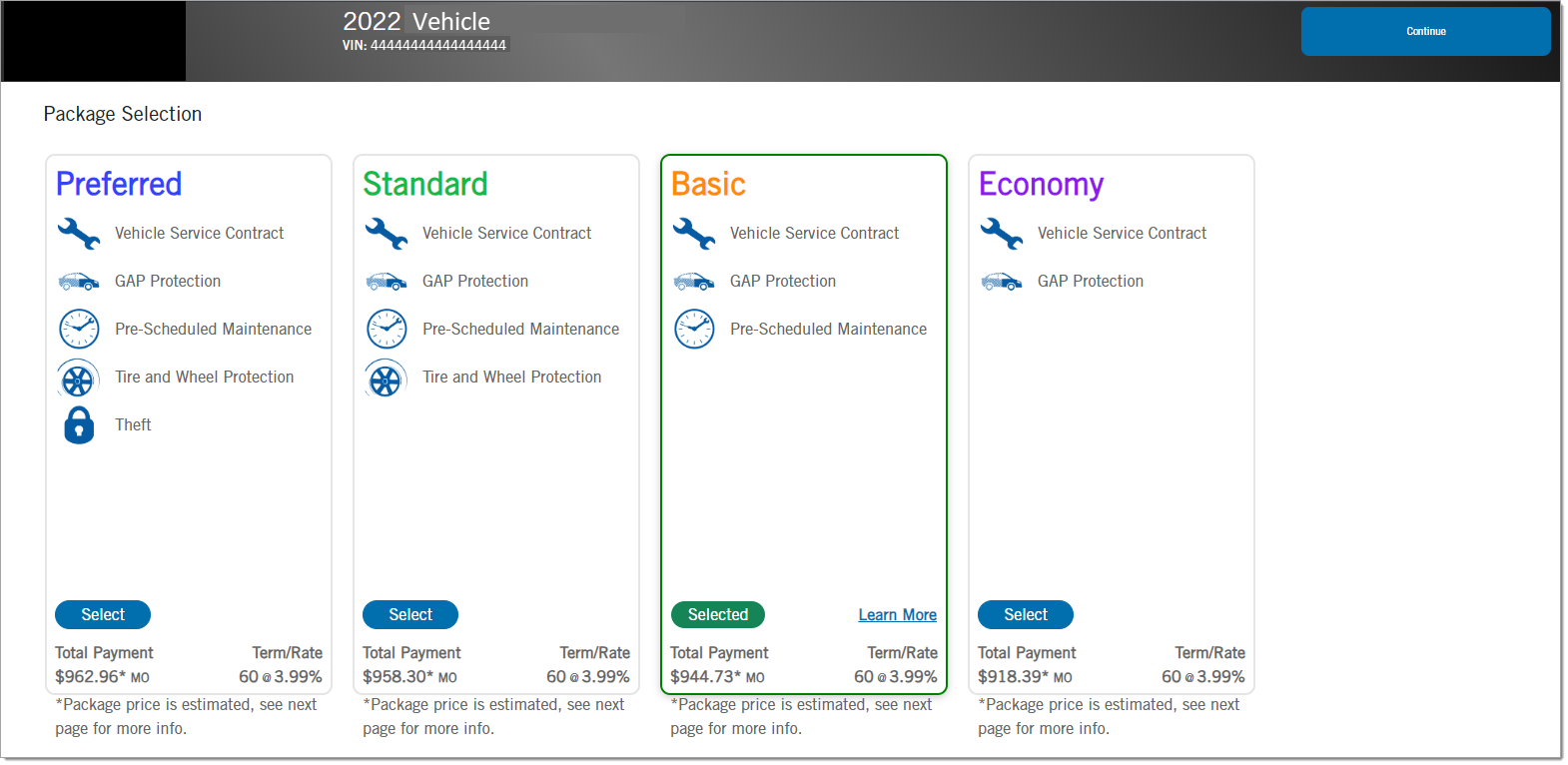 The Digital Menu with the ‘Basic’ package outlined in green, and the word ‘Select’ changed to ‘Selected’ and highlighted green.