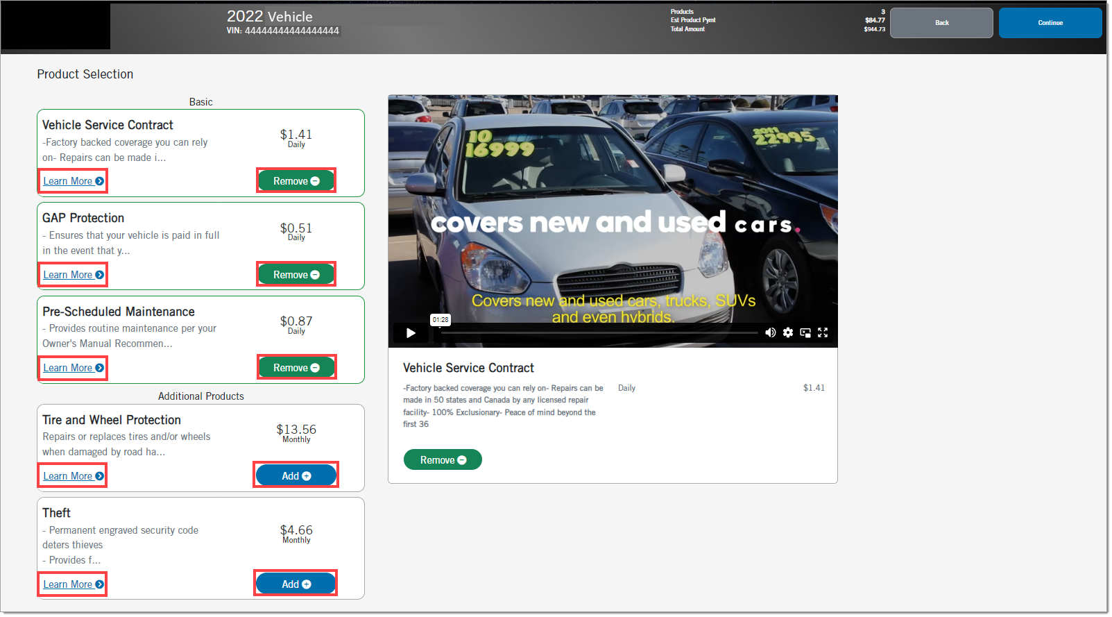 The selected package page with the ‘Vehicle Service Contract’ product expanded and boxes highlighting the ‘Learn More,’ ‘Remove,’ and ‘Add’ buttons for each product.