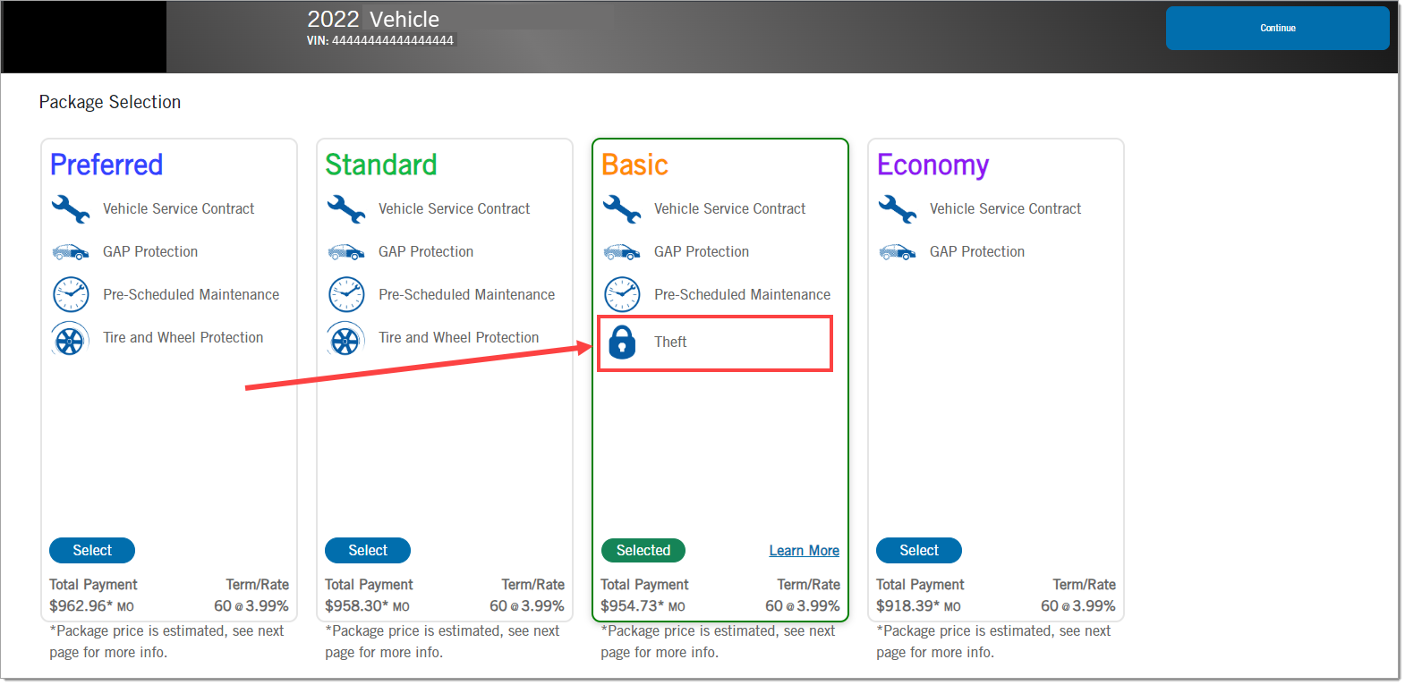 The Digital Menu with the ‘Basic’ package outlined in green, and the word ‘Select’ changed to ‘Selected’ and highlighted green. The ‘Theft’ product has been moved from the ‘Preferred’ package to the ‘Basic’ package, indicated by an arrow and highlighted by a box.