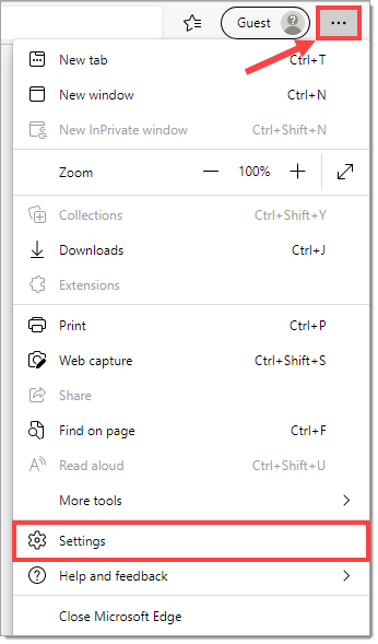 The upper right corner of the Microsoft Edge browser.  There is a box highlighting the icon of three horizontal dots, as well as an arrow pointing towards it.  The menu resulting from clicking that icon is opened, and a box highlights the “Settings” option.