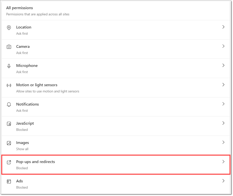 The All permissions section of the Cookies and site permissions page, with a box highlighting the link to the ”Pop-ups and redirects” page.