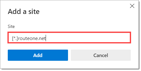 The “Add a site” popup with “[*.]routeone.net” input into the “Site” field, and a box highlighting the field.