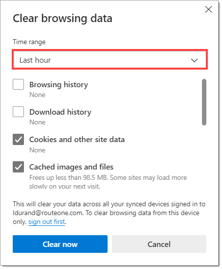 The Clear browsing data popup.  The “Time range” dropdown menu is set to “Last hour” and highlighted by a box.  The checkbox next to “Cookies and other site data” and “Cached images and files” are checked, while the “Browsing history” and “Download history” boxes are unchecked.  