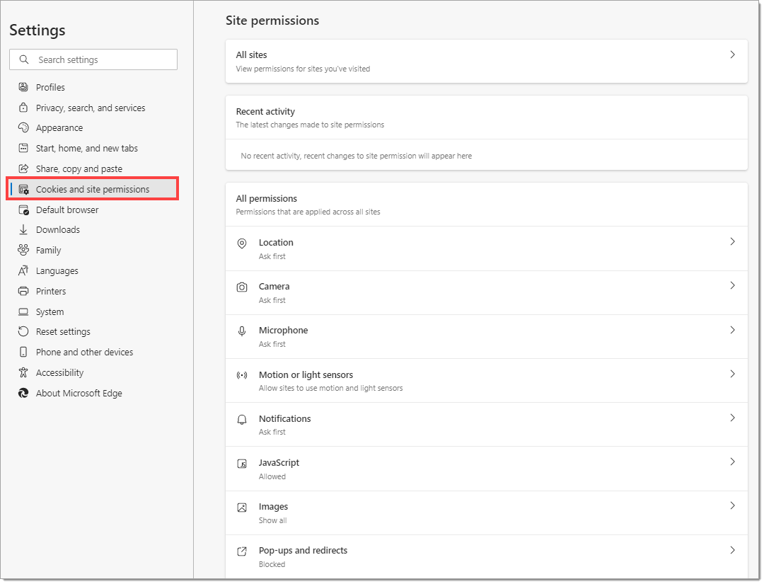 The Edge settings page, with a box highlighting the ”Cookies and site permissions” option in the left menu.