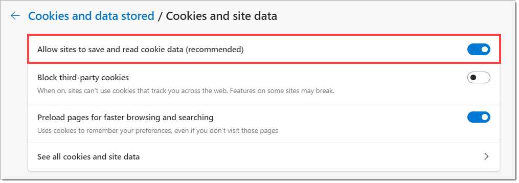 The top of the Cookies and site data page, with a box highlighting the ”Allow sites to save and read cookie data (recommended)” permission.  The toggle for this permission is set to ”On”.