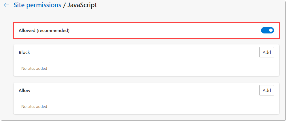 The JavaScript page with a box highlighting the ”Allowed (recommended)” permission.  The toggle is set to ”On”.