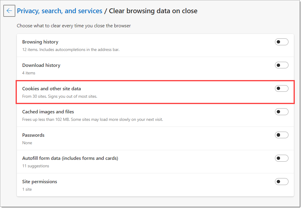 The Clear browsing data on close page with a box highlighting the ”Cookies and other site data” permission.  The toggle is set to ”Off”. 