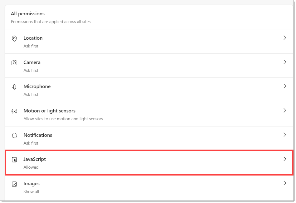 The All Permissions section of the Cookies and site permissions page, with a box highlighting the link to the JavaScript page.