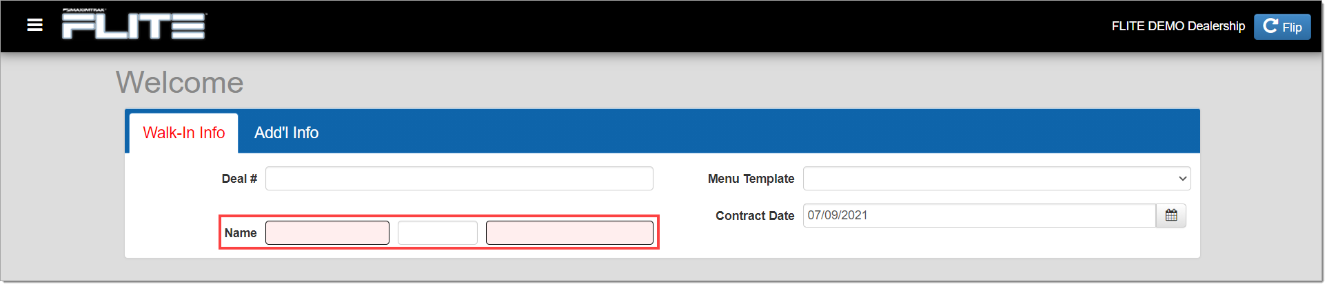 The Walk-In page with a box highlighting the ’Name’ field.