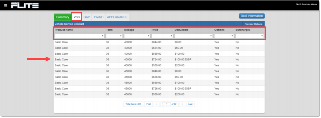 The VSC tab of the Products page with a box highlighting the search criteria section and an arrow pointing to the name of a product.