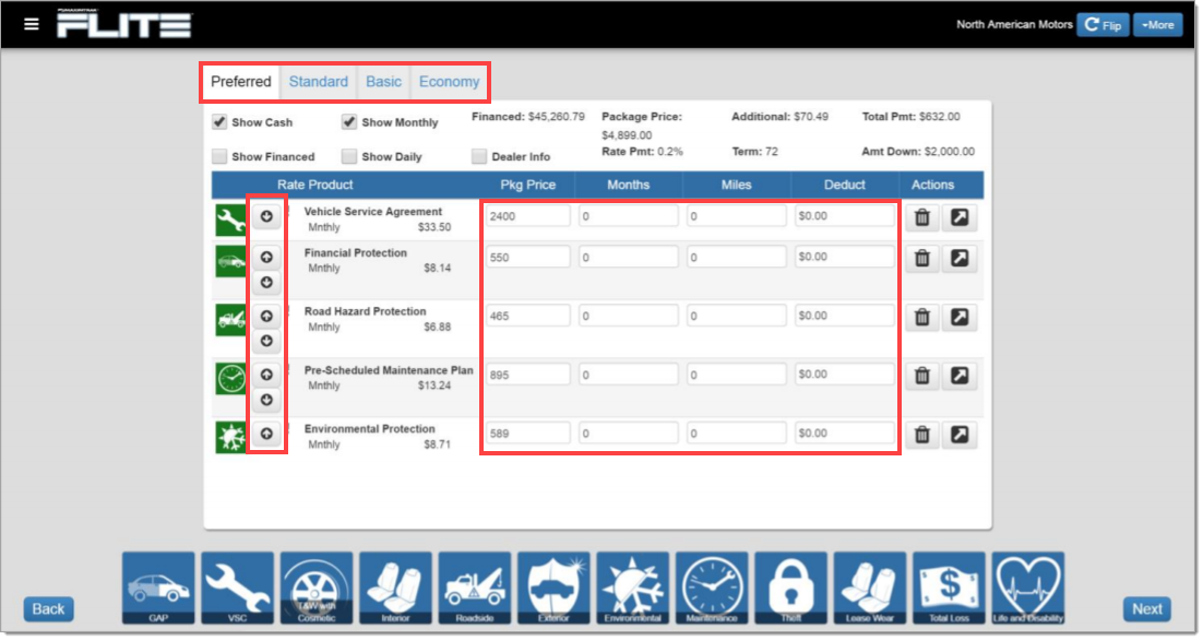 The Package page with boxes highlighting the different tabs, the up and down arrow icons for each product, and the editable fields for each product.