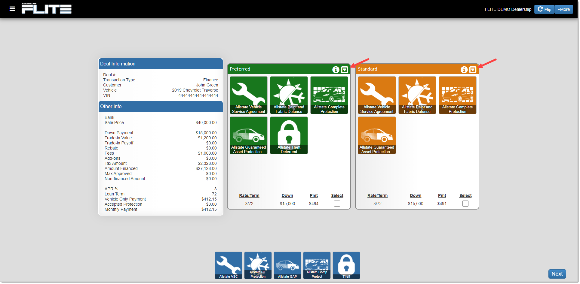 The interactive menu page in the ’4 Column’ format with arrows pointing to the down arrow icons in the upper right corner of each of the packages.