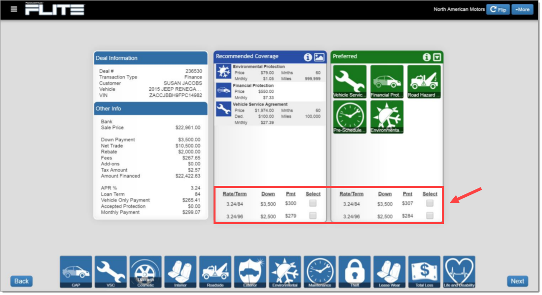 The interactive menu page with a box highlighting and arrow pointing towards the package select options at the bottom of the packages.