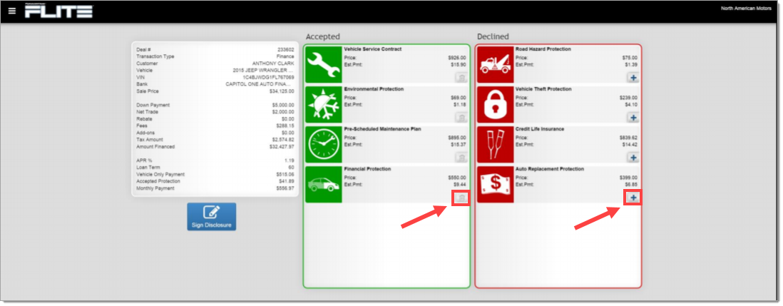 The selection confirmation page with arrows pointing to and boxes highlighting trash can icons and ’+’ icons in the ’Accepted’ and ’Declined’ columns, respectively. 