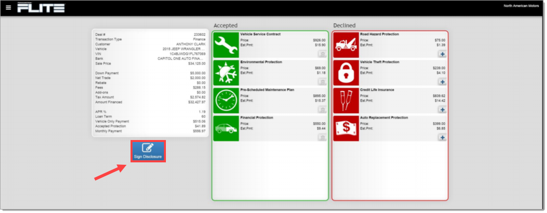 The selection confirmation page with an arrow pointing to and box highlighting the ’Sign Disclosure’ button.