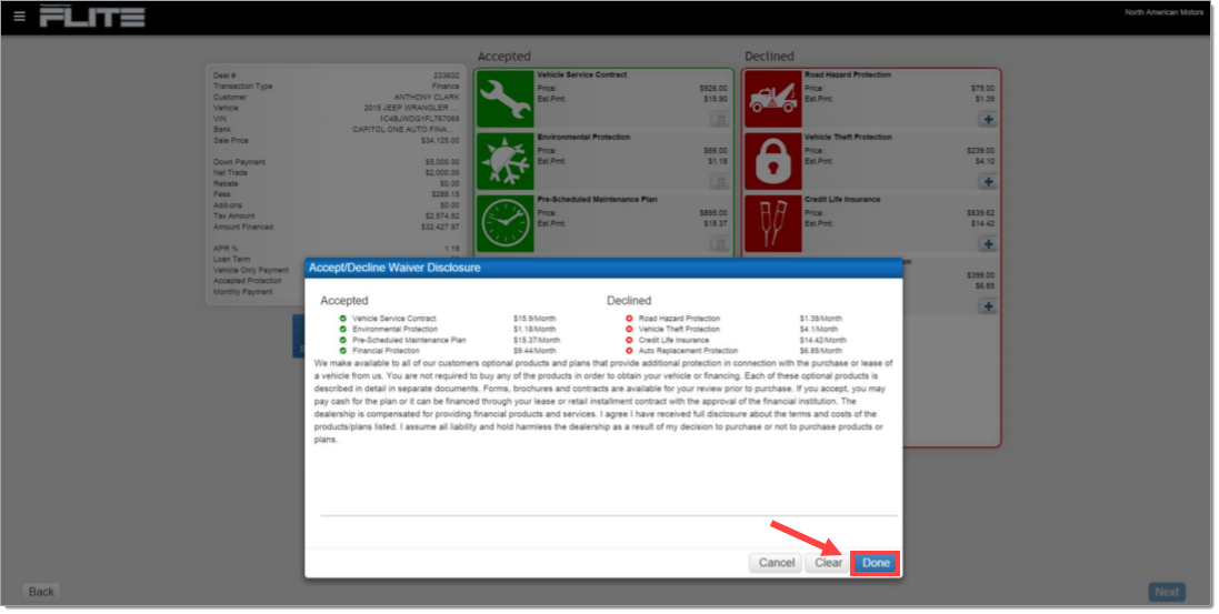 The ’Accept/Decline Waiver Disclosure’ pop-up window with an arrow pointing to and box highlighting the ’Done’ button.