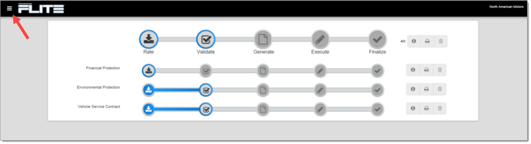 The eContracting page with an arrow pointing to the icon of three horizontal lines in the upper left corner.