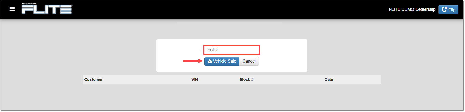 The Pull Deal page with a box highlighting the empty ’Deal #’ field and an arrow pointing to the ’Vehicle Sale’ button. 