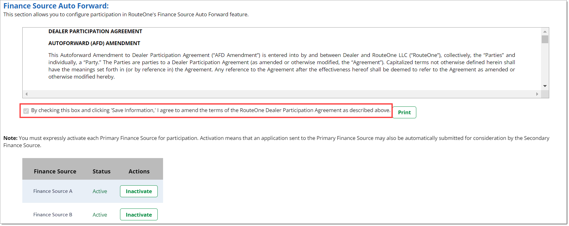 The ‘Finance Source Auto Forward’ section with the ‘By checking this box and clicking ‘Save Information,’ I agree to amend the terms of the RouteOne Dealer Participation Agreement as described above’ checkbox highlighted by a box.