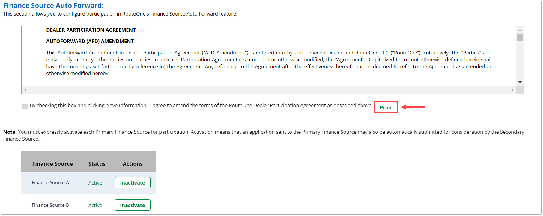 The ‘Finance Source Auto Forward’ section with the ‘Print’ button highlighted by a box with an arrow pointing to it.