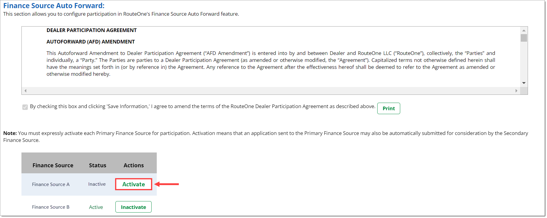 The ‘Finance Source Auto Forward’ section with a box highlighting the ‘Activate’ button under the ‘Actions’ column for Finance Source A.