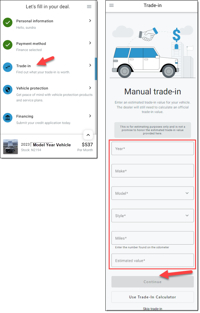 Arrow pointing to ‘Trade-in’ section. Box around section to input trade-in details and arrow pointing to ‘Continue’ button. 