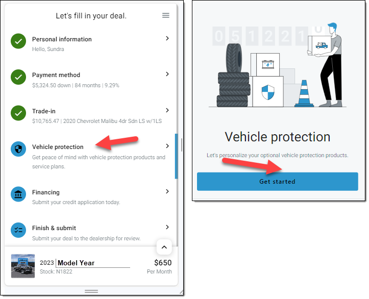 Arrow pointing to ‘Vehicle protection’ section. Arrow pointing to ‘Get Started’ button. 