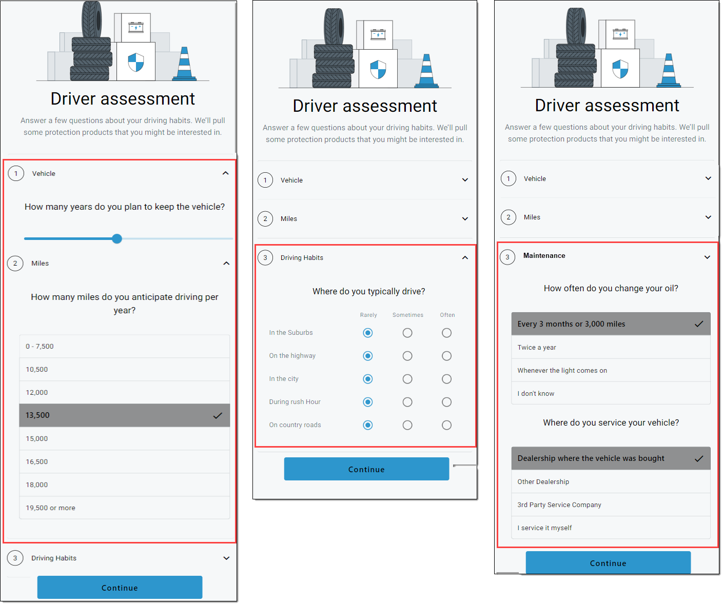 Boxes around ‘Driving habits,’ ‘Mileage,’ and ‘Maintenance’ sections.  