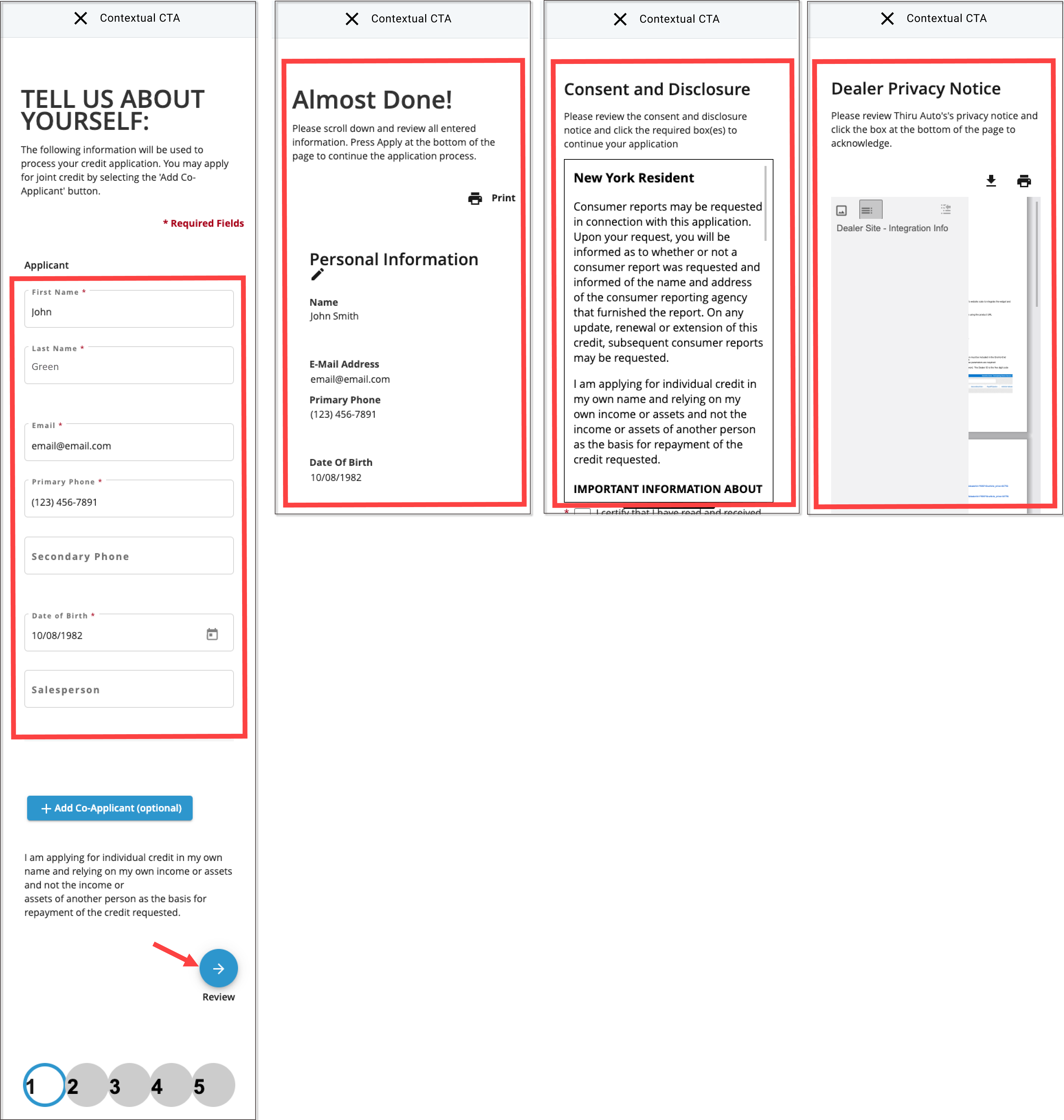 Box around fields to input for RouteOne Online Credit Application and arrow pointing to ‘Review’ button. Boxes around sections for reviewing personal information, reading and consenting to the necessary disclosures, and accepting the privacy notice. 