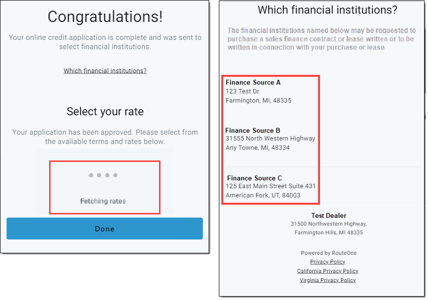 Box around ‘fetching rates’ message. Box around financial institutions application might be submitted to. 