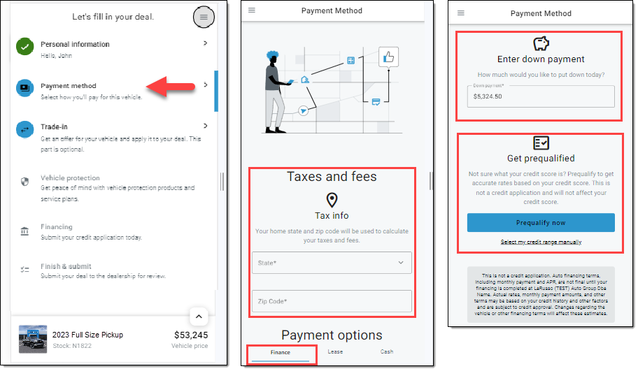 Arrow pointing to ‘Payment method’ section. Boxes around Finance section and sections for entering location and down payment information. Box around section for prequalifying, and arrow pointing to ‘Prequalify Now’ button. 