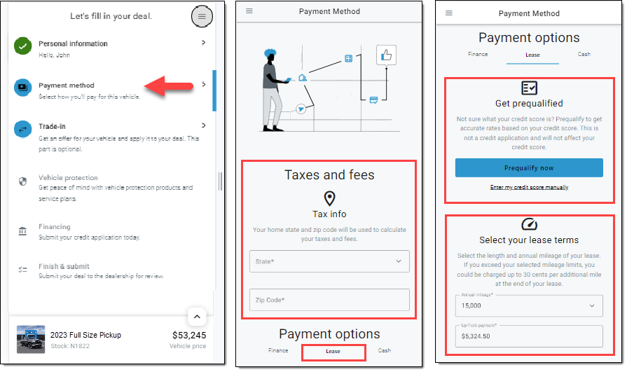 Arrow pointing to ‘Payment method’ section. Boxes around Lease section and sections for entering location and down payment information. Box around section for prequalifying, and arrow pointing to ‘Prequalify Now’ button.