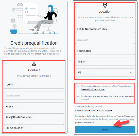 Boxes around sections for entering contact and location information. Box around checkboxes for agreeing to dealership’s privacy notice and credit application notice. Arrow pointing to ‘Done’ button. 