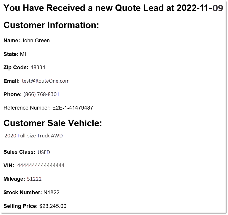 Confirmation email sent to dealership.