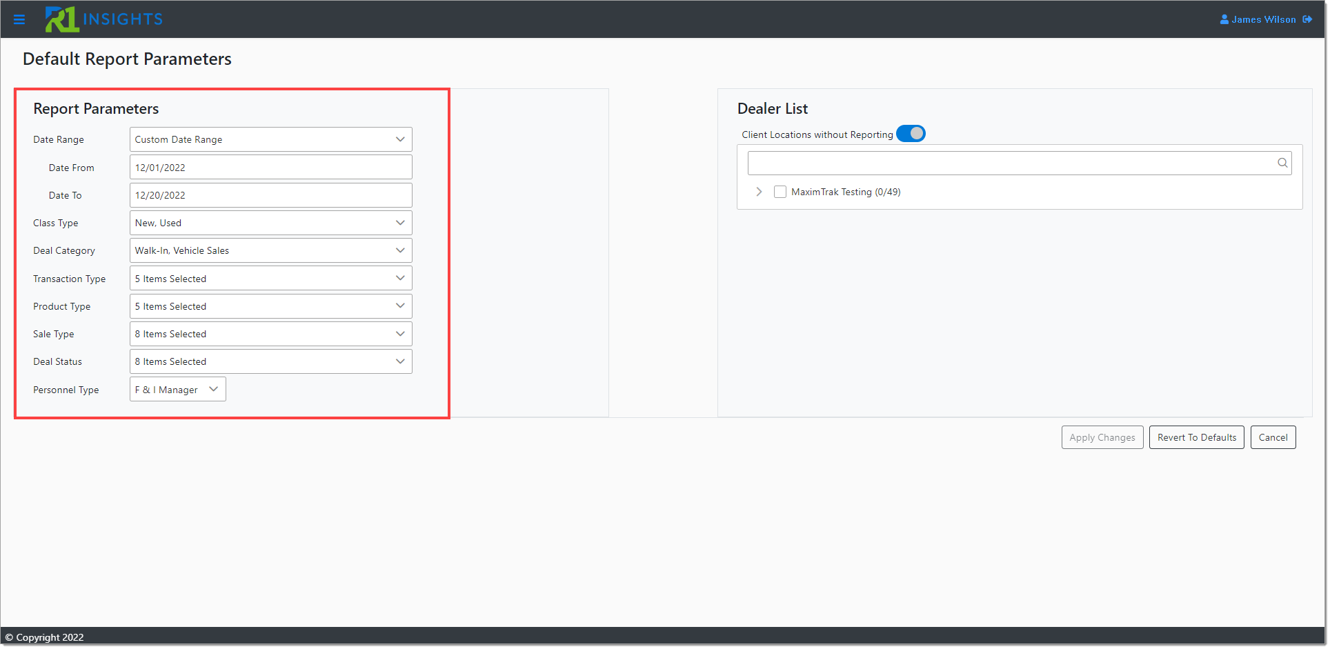 The Default Report Parameters page with a box highlighting the ‘Report Parameters’ section.